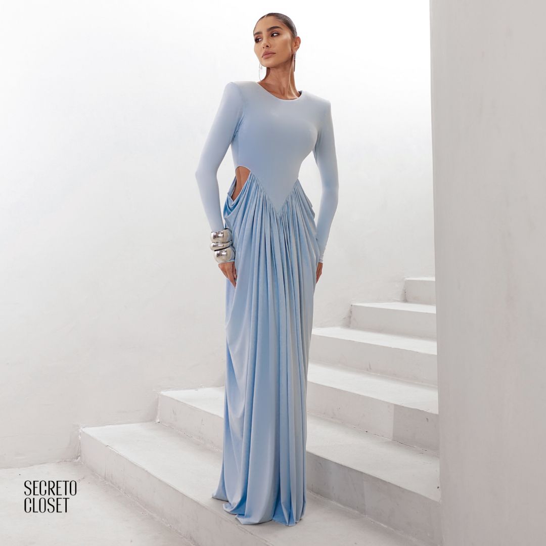 Vestido Longo Manga Longa Jessica Azul Serenity