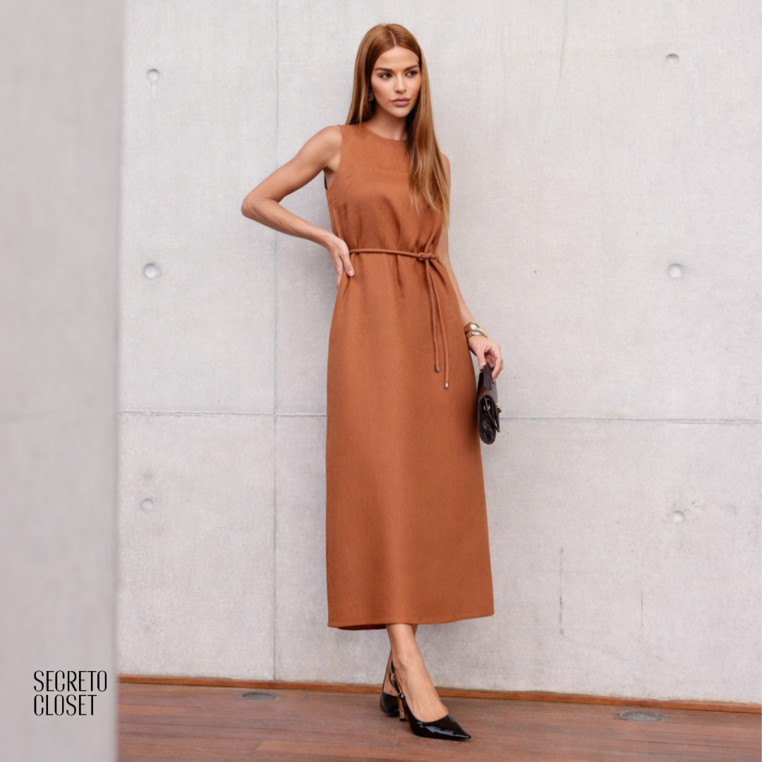 Vestido Midi Linho Cyntia Marrom