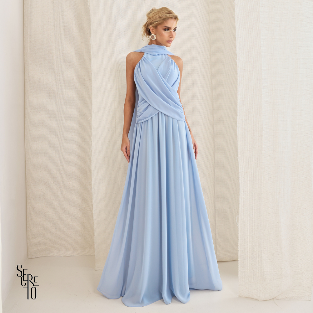 Vestido Longo Cruzado Capa Ottavia Azul Serenity