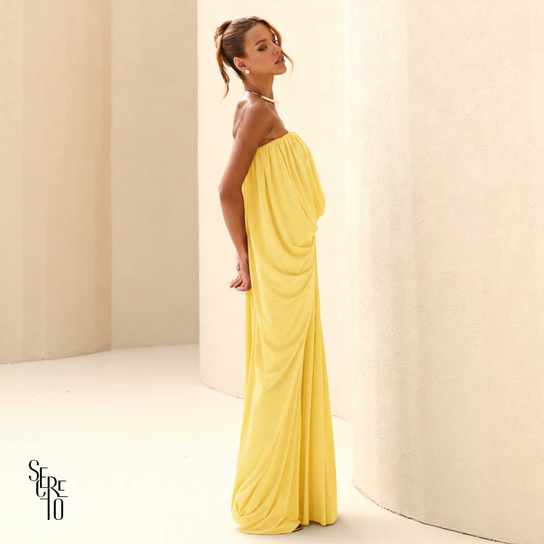 Vestido Longo Blusê Drapeado Hellena Camomila