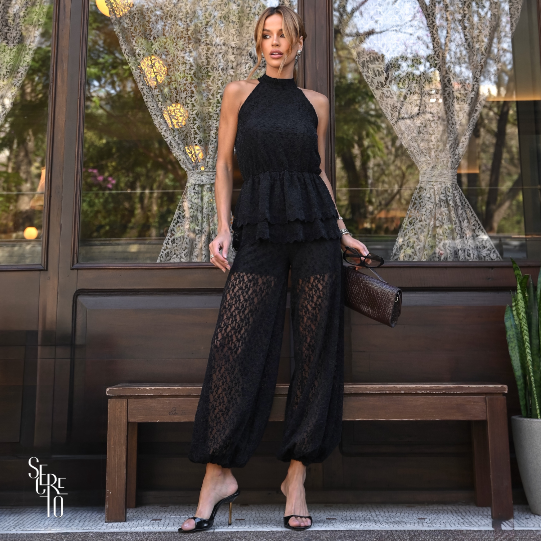 Conjunto Renda Aveludado Caterina Preto