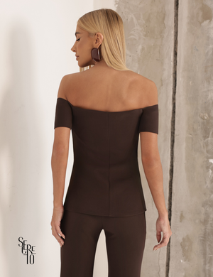 Conjunto Blusa Ombro e Calça Alfaiataria Anya Café