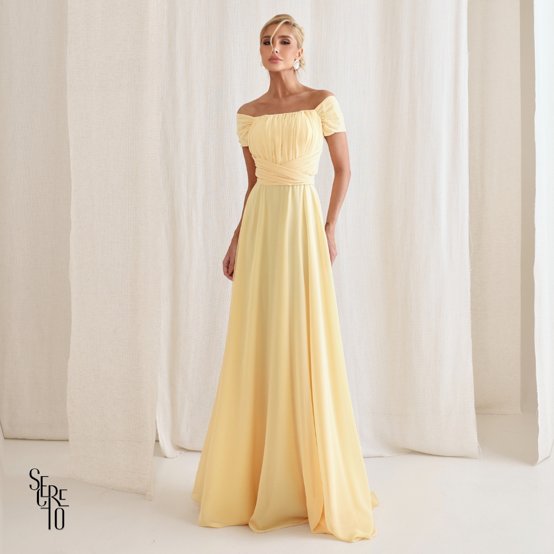 Vestido Longo Drapeado Com Faixa Zelia Camomila