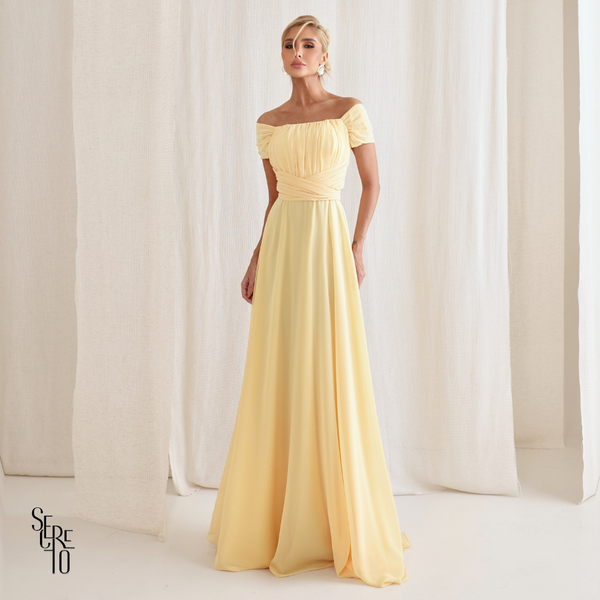 Vestido Longo Drapeado Com Faixa Zelia Camomila