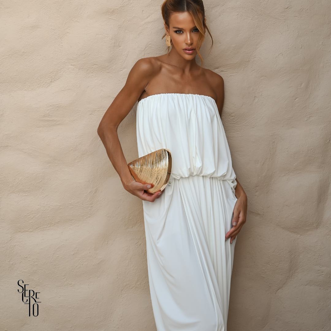Vestido Longo Blusê Drapeado Hellena Branco