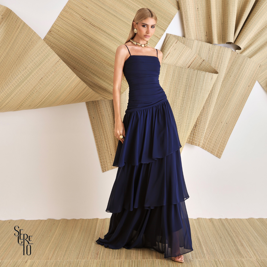 Vestido Longo Camadas Maura Azul Marinho