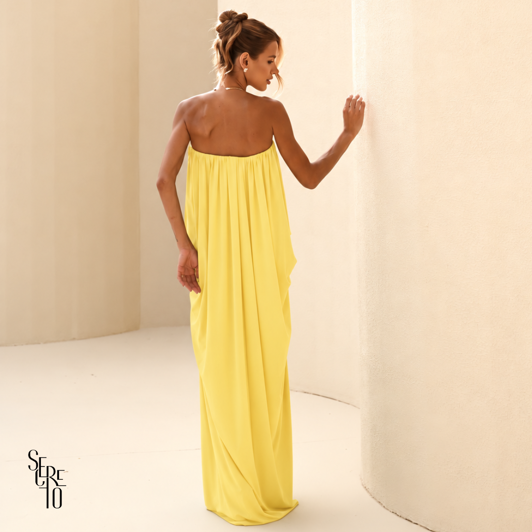 Vestido Longo Blusê Drapeado Hellena Camomila