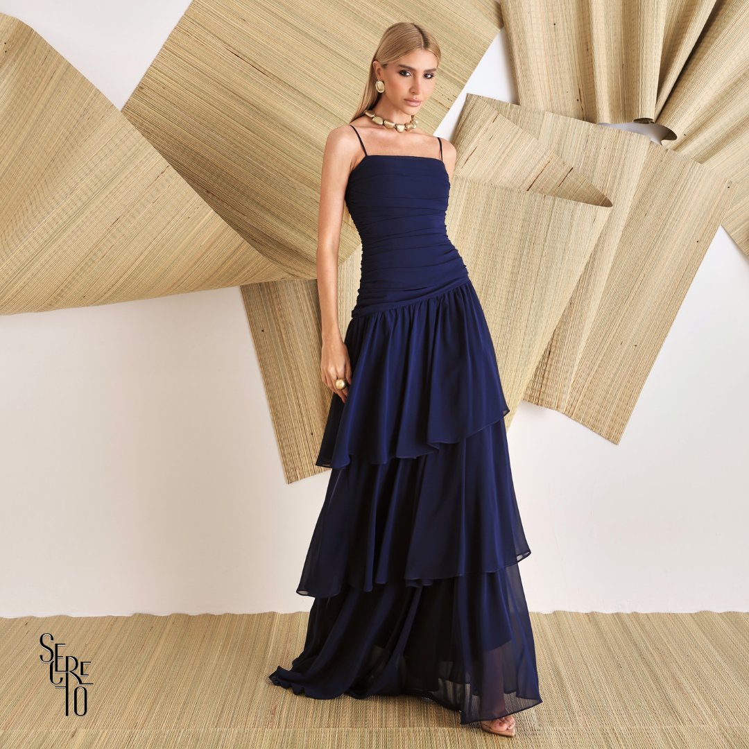 Vestido Longo Camadas Maura Azul Marinho