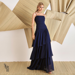 Vestido Longo Camadas Maura Azul Marinho