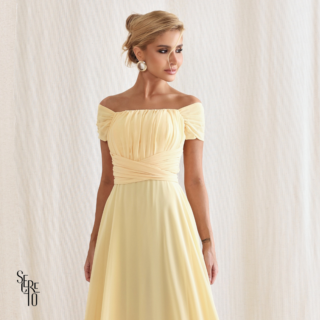 Vestido Longo Drapeado Com Faixa Zelia Camomila