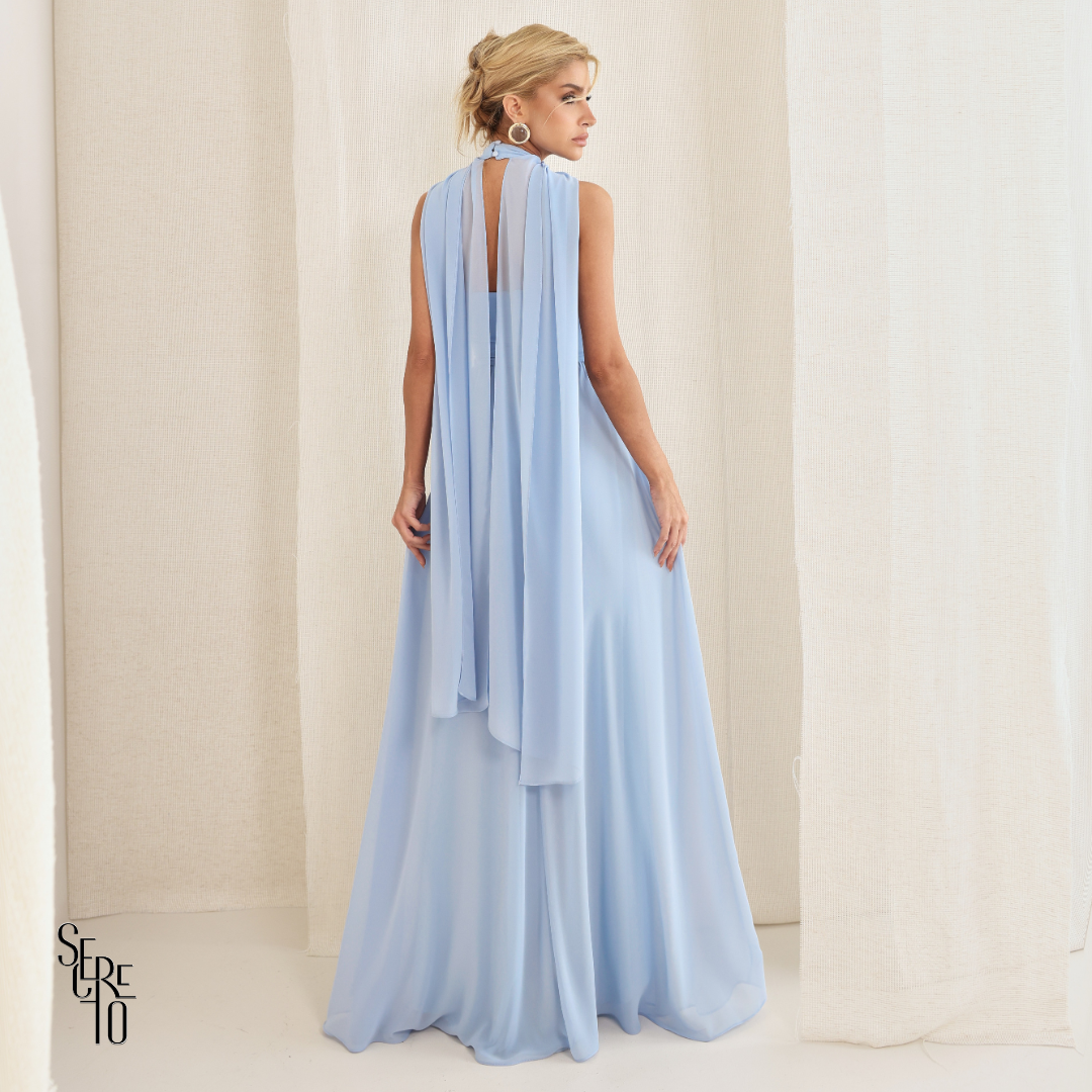 Vestido Longo Cruzado Capa Ottavia Azul Serenity