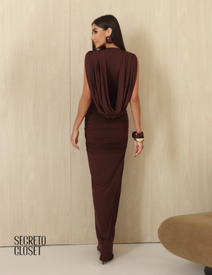 Vestido Longo Drapeado Anie Café