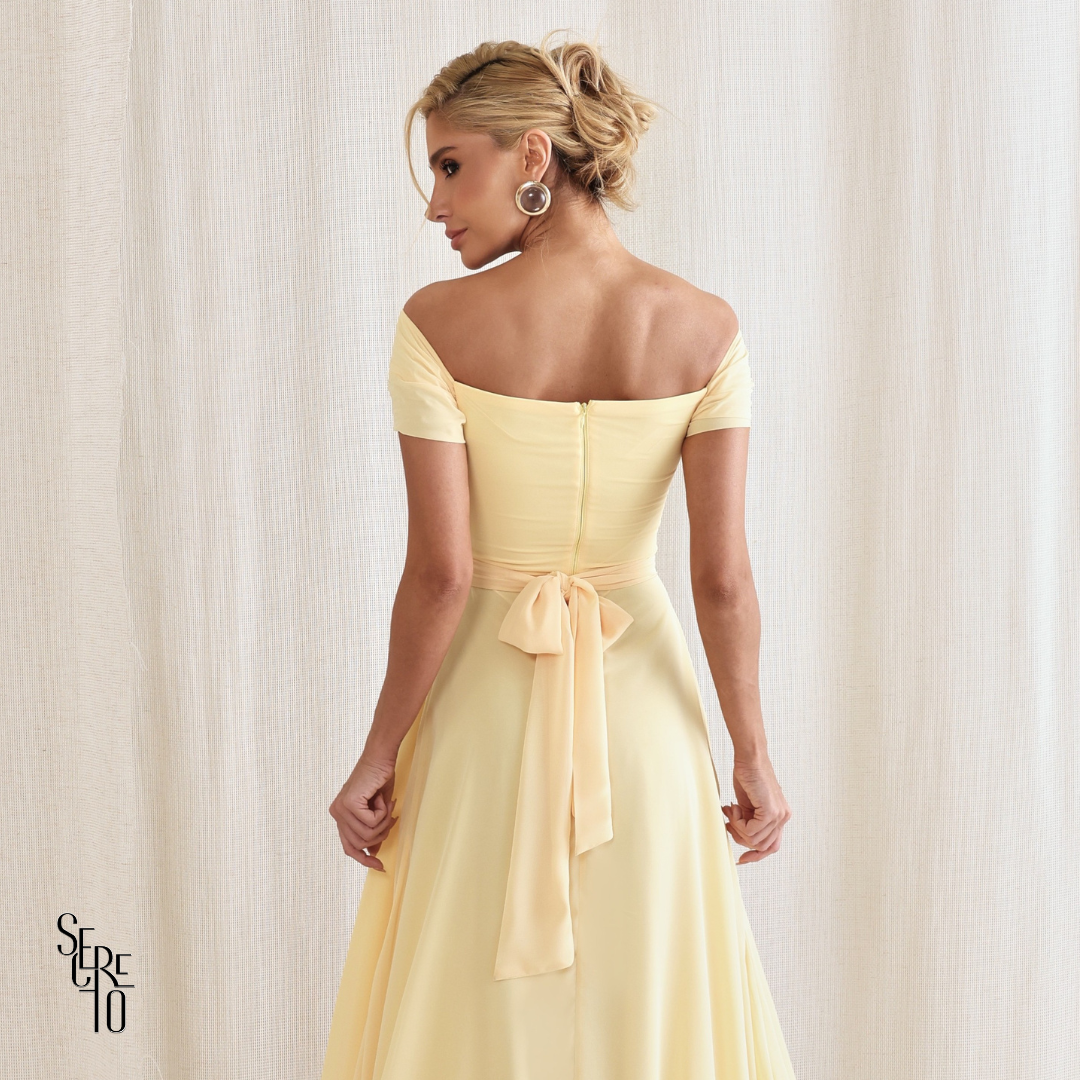 Vestido Longo Drapeado Com Faixa Zelia Camomila