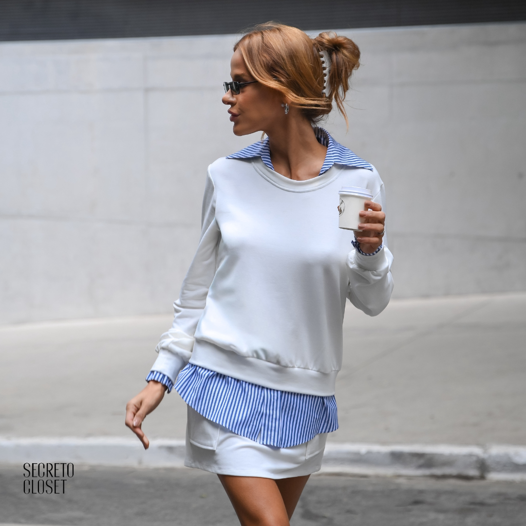 Conjunto Camisa e Short Saia Moletinho Elisa Off White