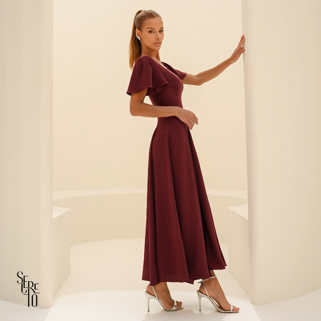 Vestido Longo Manga Sino Julia Vinho