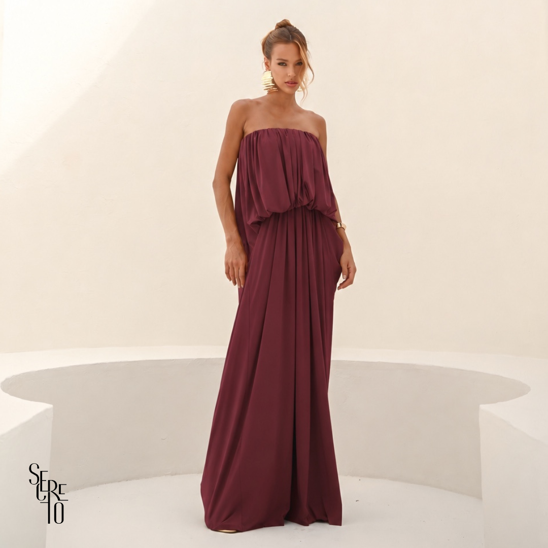 Vestido Longo Blusê Drapeado Hellena Beet
