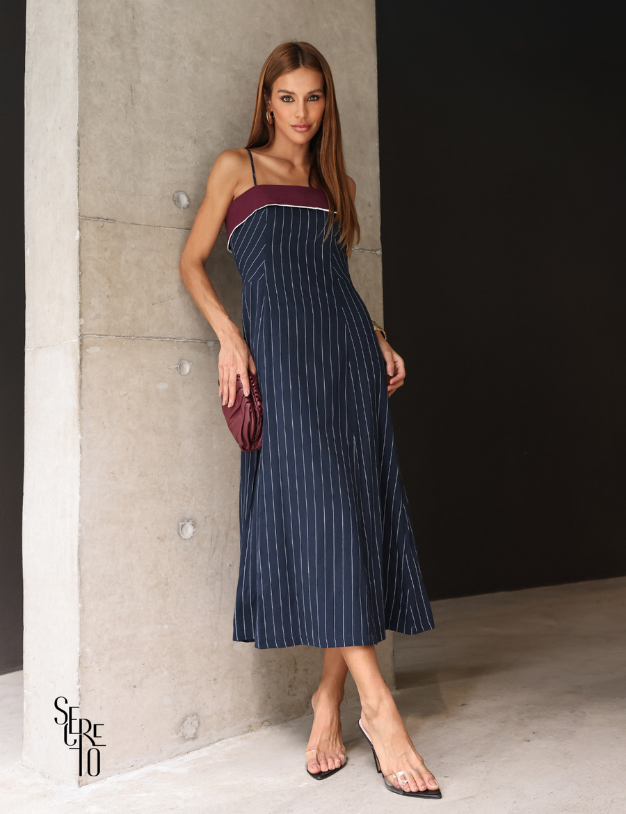 Vestido Midi Laise Listrado Pamella Azul