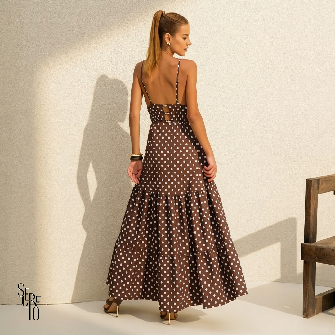 Vestido Longo Poá Fabricia Marrom
