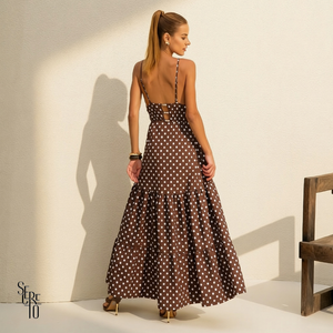 Vestido Longo Poá Fabricia Marrom