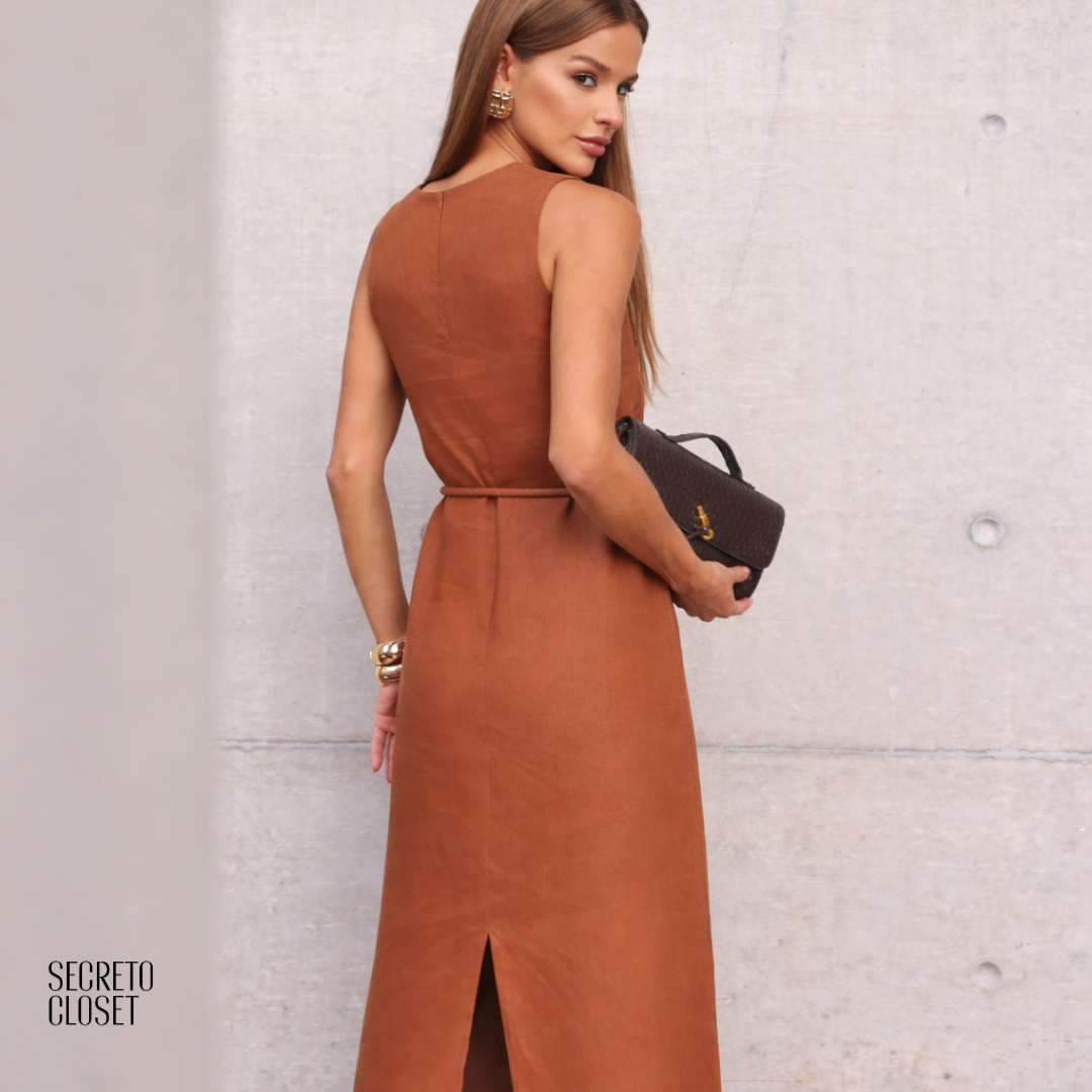 Vestido Midi Linho Cyntia Marrom